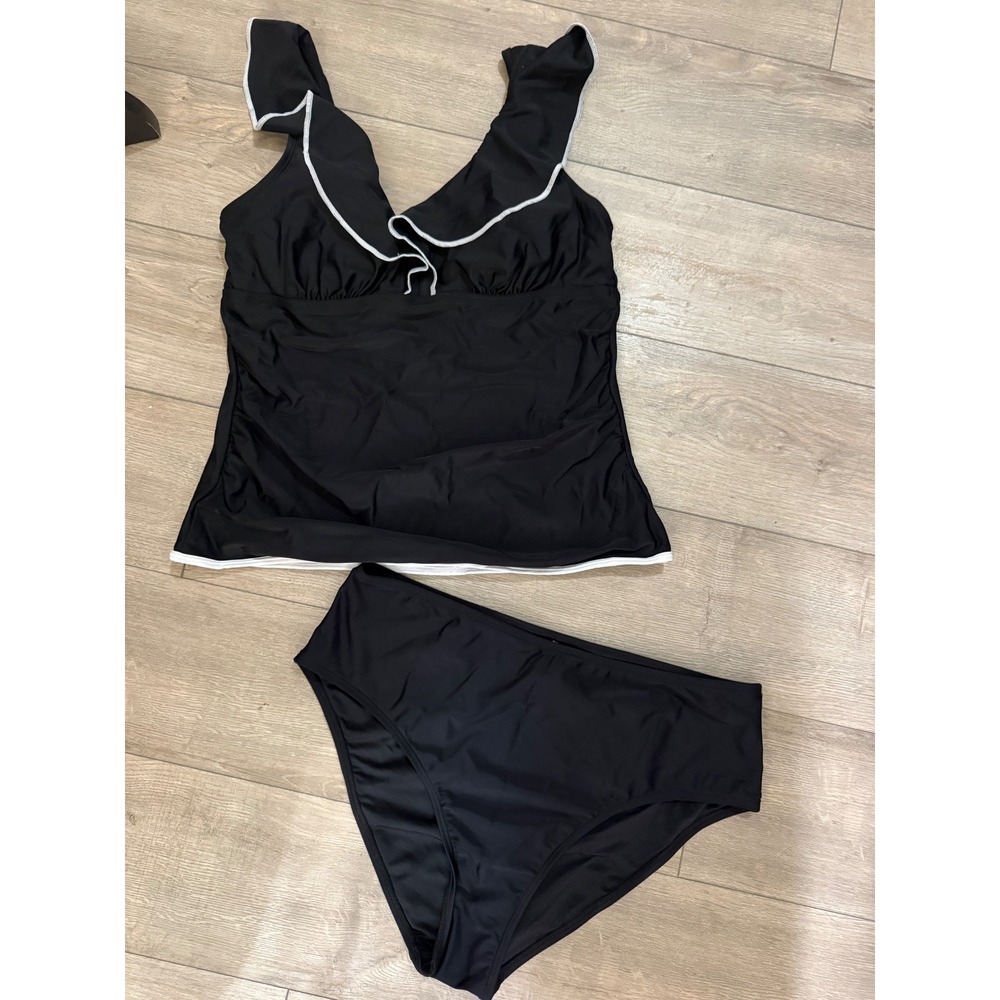 Cupshe Black Ruffle V-Neck Tankini Set White Trim High Waist Bottoms Large